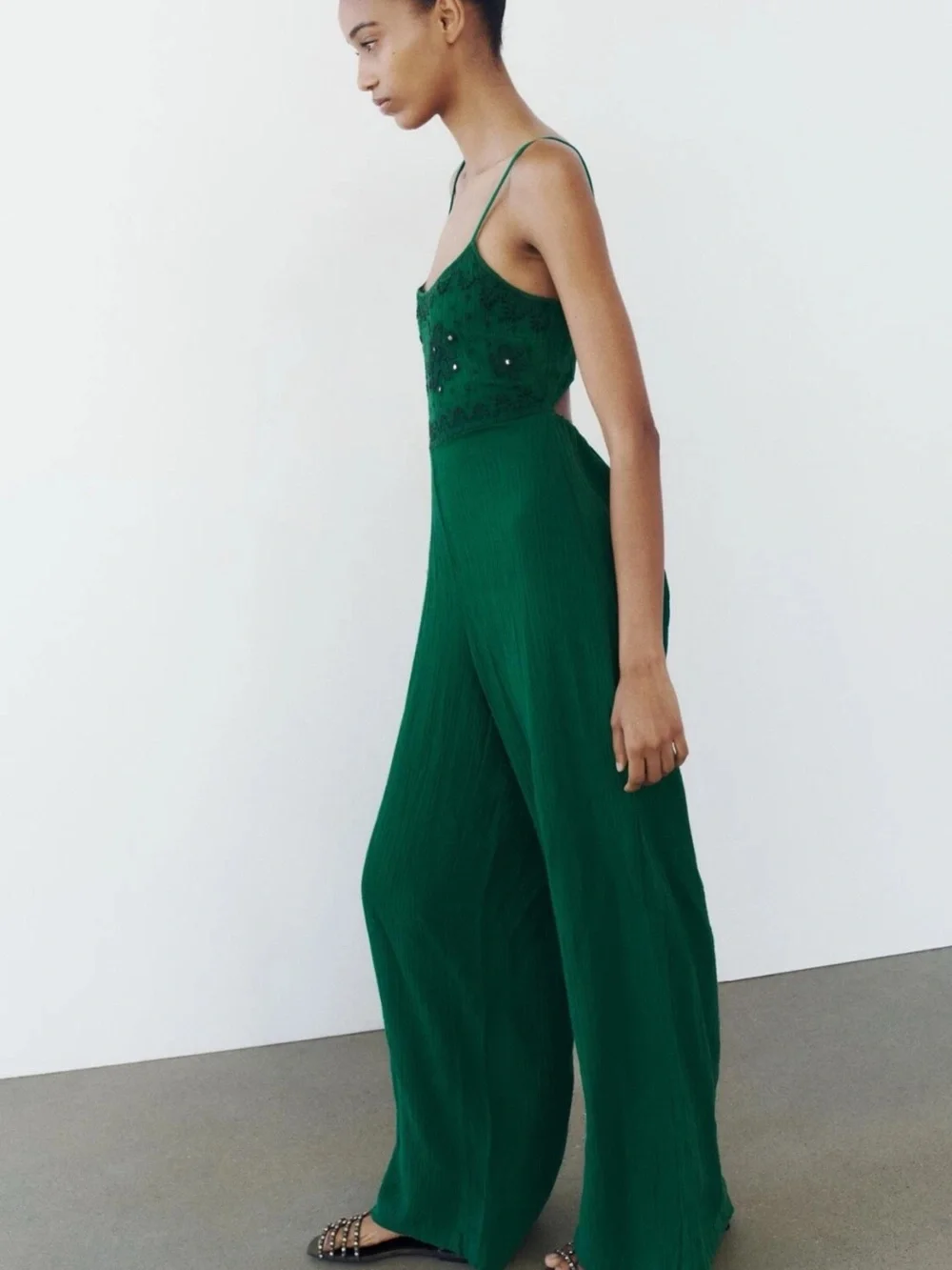 Zara Emerald Green Wide-Leg Spaghetti-Strap Jumpsuit